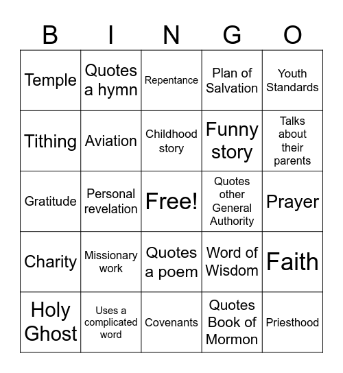 General Conference Bingo Card