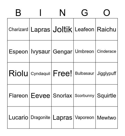 Pokemon! Bingo Card
