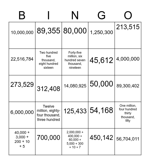 9 digit Place Value Bingo Card