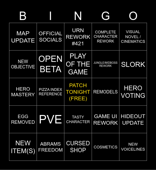 DEADLOCK MAJOR PATCH BINGO Card