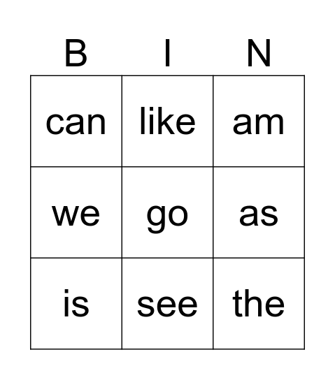 Sight Words Bingo Card