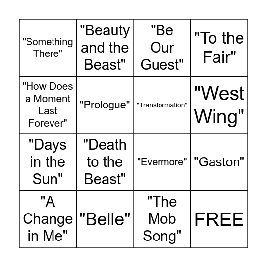Beauty and the Beast Bingo Card