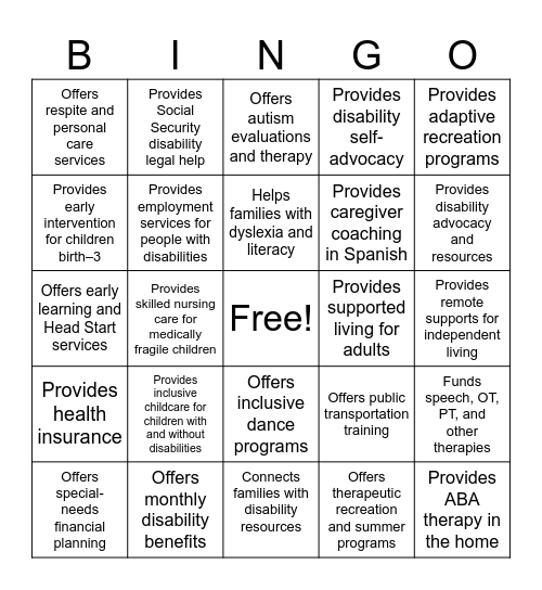 2026 Family Support Conference Bingo Card