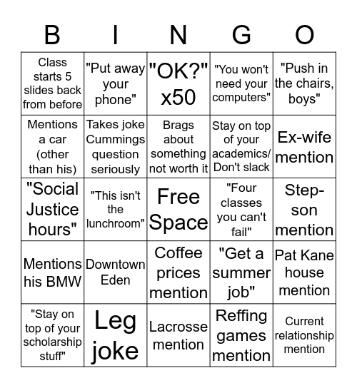 Senior Sem Bingo Card