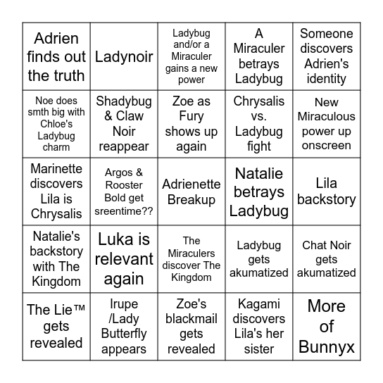Miraculous S7 Bingo Card Bingo Card
