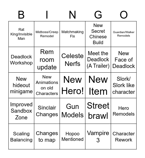 Deadlock Patch Bingo Card