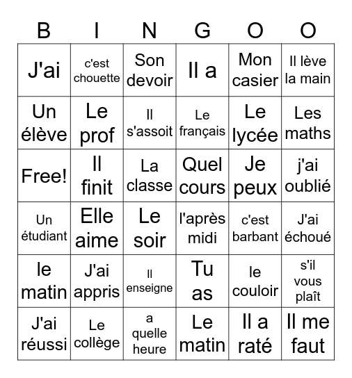 L'école et la vie - French 8 Bingo Card