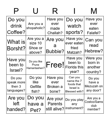 Purim Bingo Fun! Bingo Card