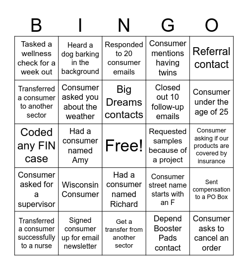 Consumer Contact Bingo Card