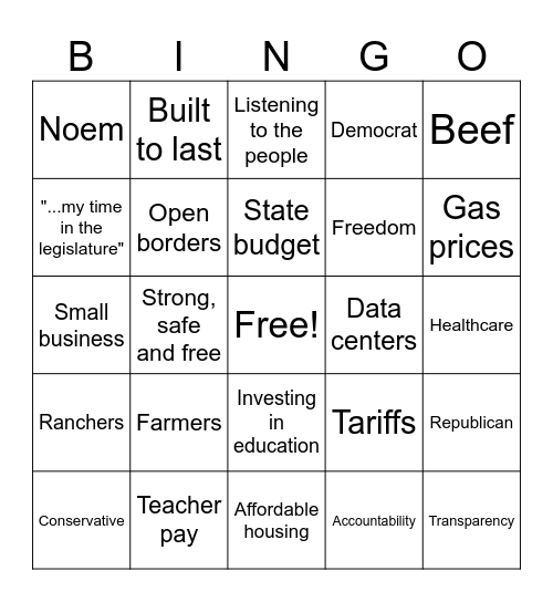 Gubernatorial Debate Bingo Card