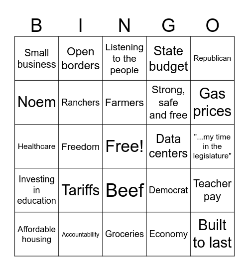Gubernatorial Debate Bingo Card