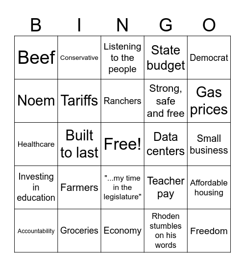 Gubernatorial Debate Bingo Card