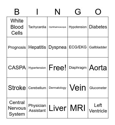 Pre-PA Medical Bingo Card