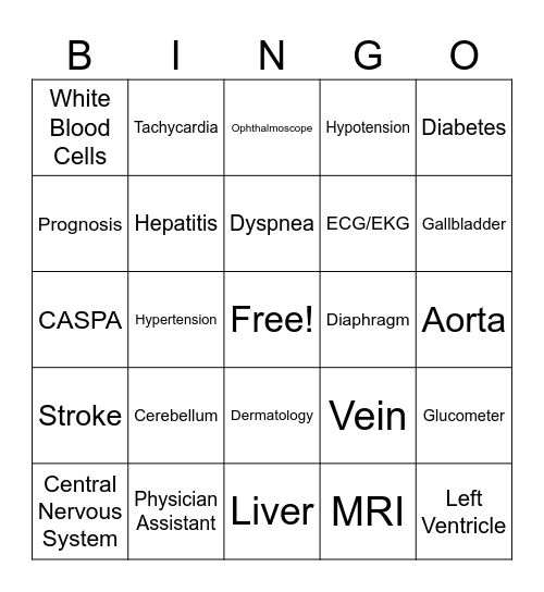 Pre-PA Medical Bingo Card