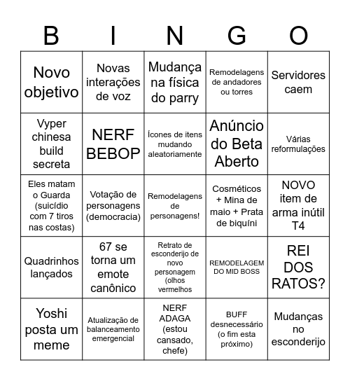 deadlock Major Update Bingo Card