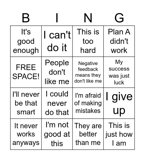 Fixed to Growth Mindset Bingo Card