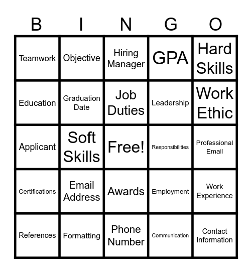 Resume Bingo Card