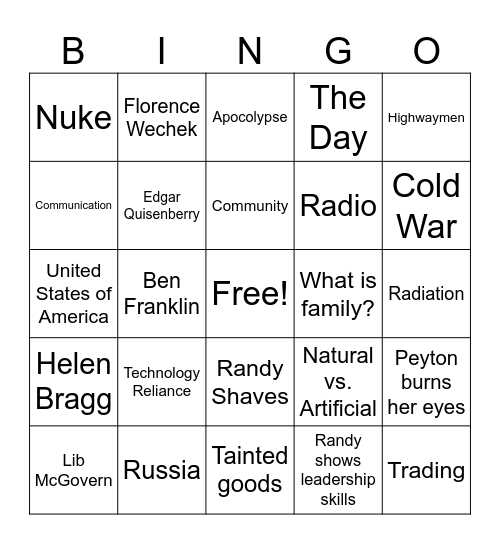 Alas, Babylon Bingo Card