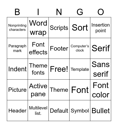 Microsoft Word Vocabulary Set 1 Bingo Card