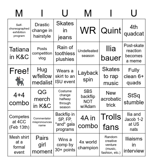Ilia Malinin 2026-27 Season Bingo Card