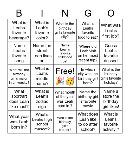 Leahs Birthday Trivia Bingo Card