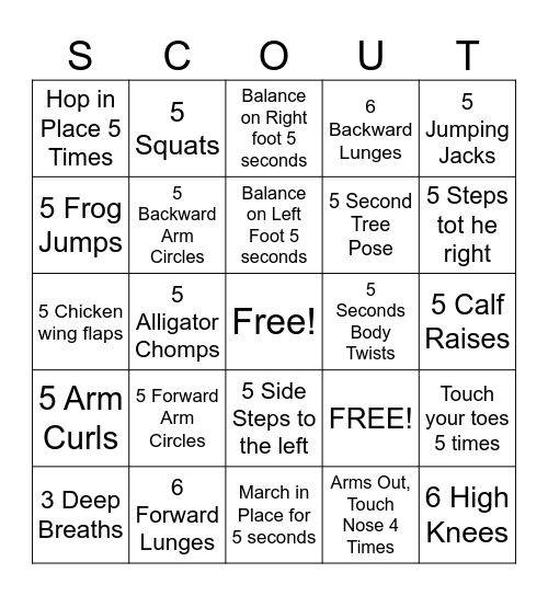 Personal Fitness Bingo Card
