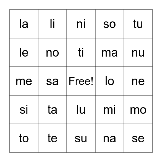 Letter Blends Bingo Card