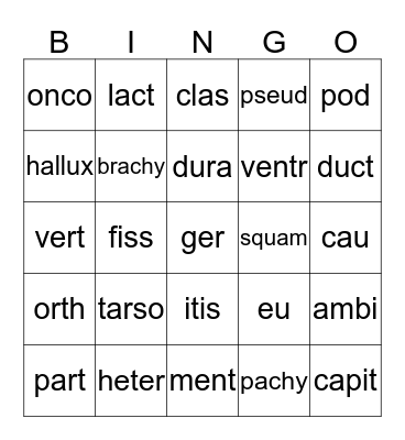 Medical Terminology Bingo Card