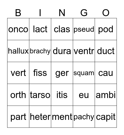 Medical Terminology Bingo Card