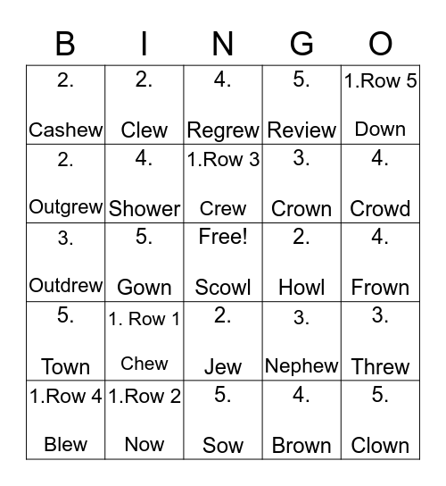 'EW' and 'OW' Bingo-mania Bingo Card