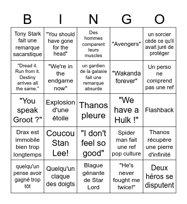 Avengers Infinity War Bingo Card