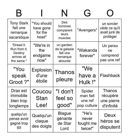 Avengers Infinity War Bingo Card
