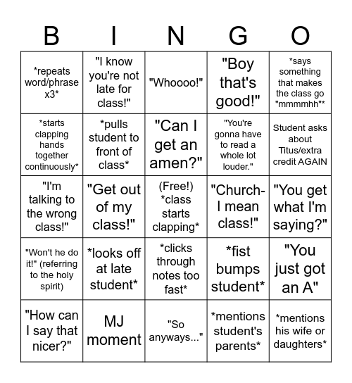 New Testament Survey Bingo Card