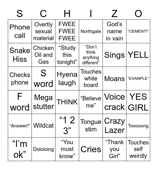 YES BOY Bingo Card