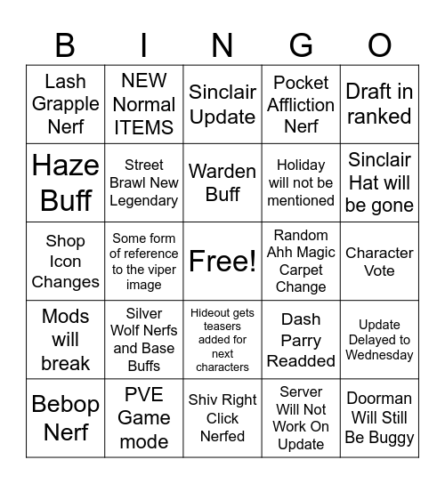Deadlock Update Bingo Card
