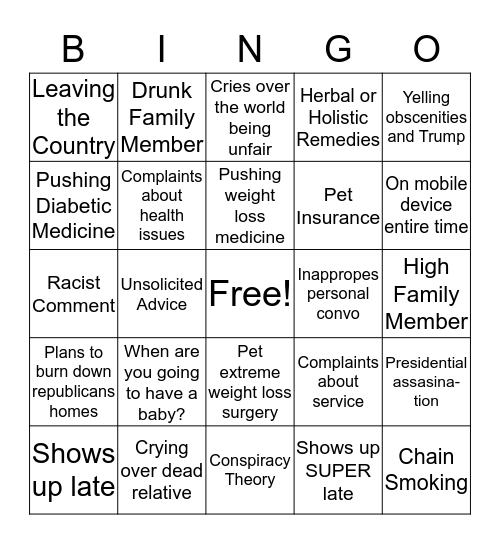 Dysfunctional Family Bingo Card