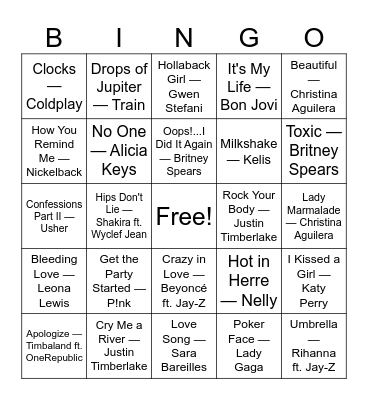 2000's pop Bingo Card