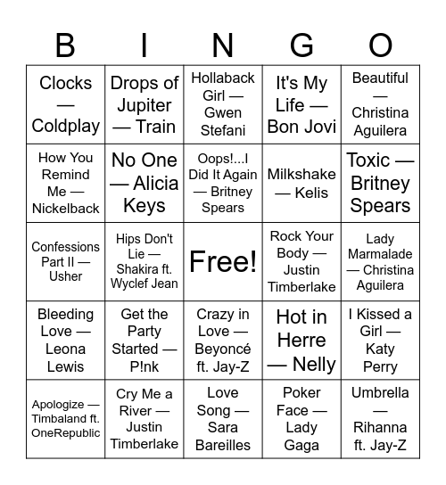 2000's pop Bingo Card