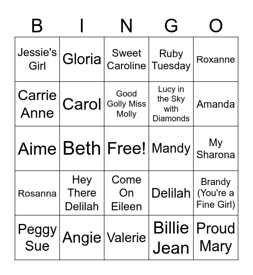 Dames Names Bingo Card