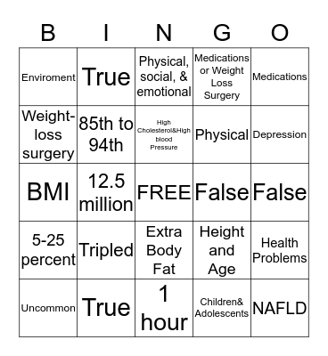 Childhood Obesity Bingo Card
