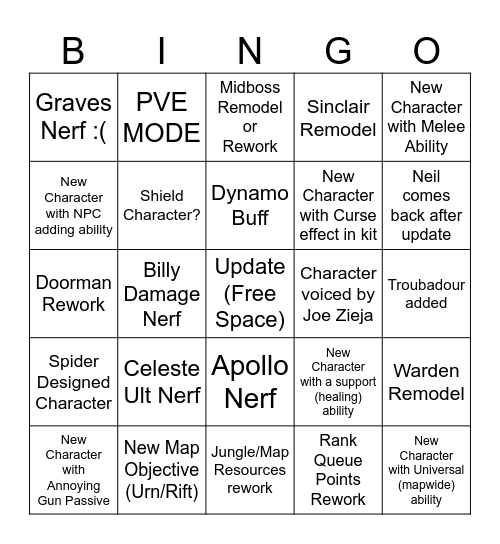 Deadlock Update Bingo Card