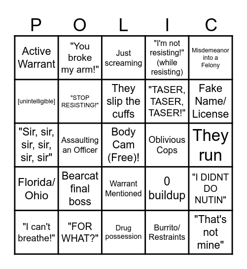 Body Cam Bingo Card
