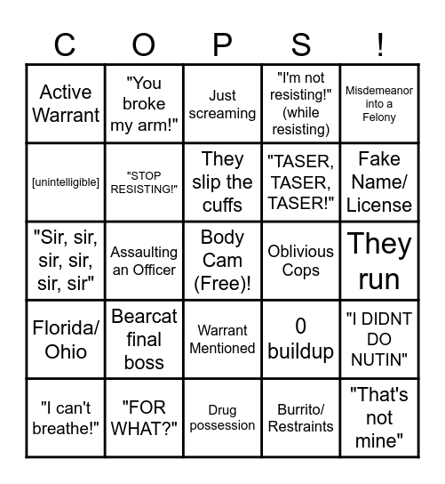 Body Cam Bingo Card