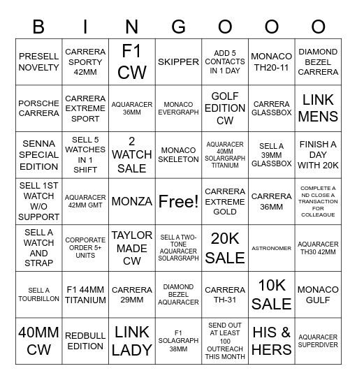 TAG HEUER BINGO Card