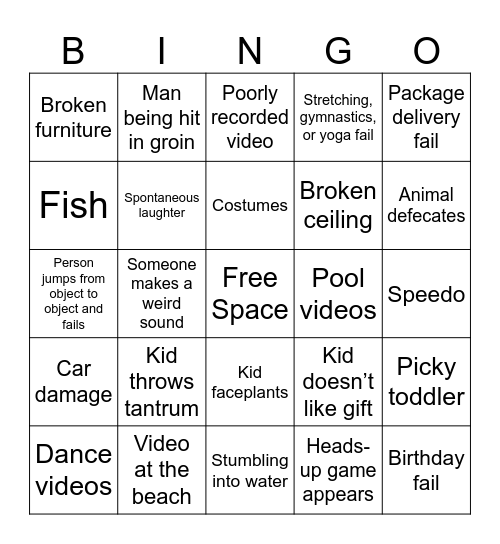 America’s Funniest Home Video bingo Card
