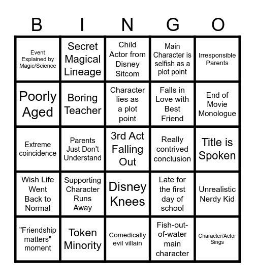 Disney Channel Original Movie BINGO Card