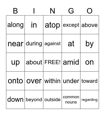 Parts of Speech BINGO Card