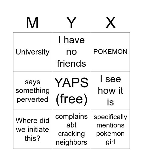 myx phrases Bingo Card