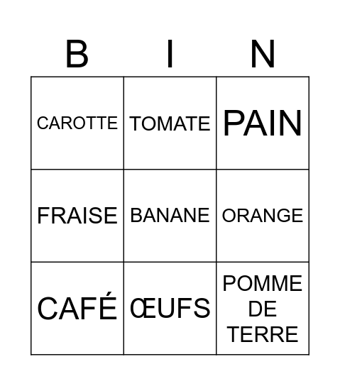 Bingo des aliments Bingo Card