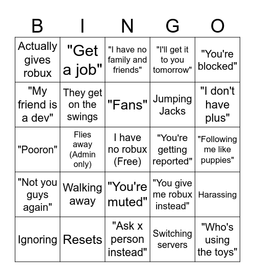 Roblox Zombies Bingo Card